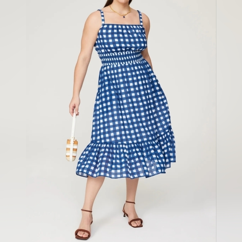 EUC Cleobella Women's Patrice Gingham Midi Dress w Pockets, Blue & White, Size L